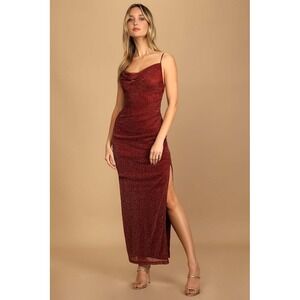 NWT Lulus Next Please Burgundy Gold Shimmer Cowl Neck Maxi Dress XL